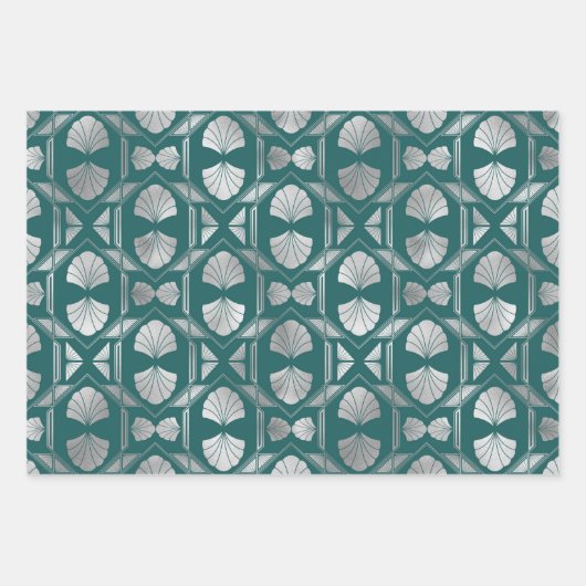 Feuille De Papier Cadeau Motif Shell Art Déco Turquoise et argenté (Devant 2)