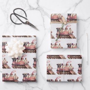 Feuille De Papier Cadeau Motif Steampunk Vintage du moteur de train rose