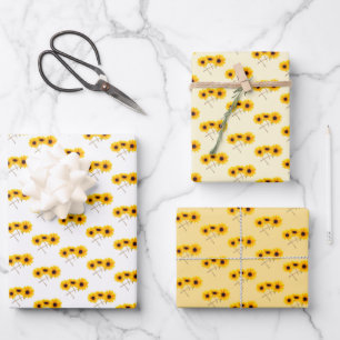 Feuille De Papier Cadeau Motif Tournesol Triple Sur Blanc Jaune Orange