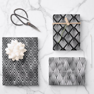 Feuille De Papier Cadeau Motifs Art déco argenté et diamant noir