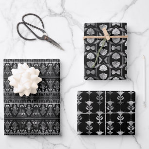 Feuille De Papier Cadeau Motifs Art déco floraux argenté et noire