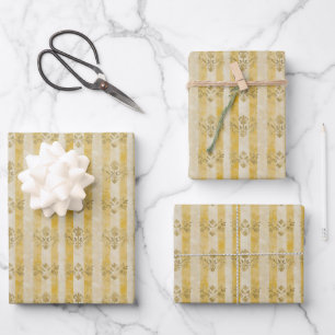 Feuille De Papier Cadeau Motifs Beige sur Rayures Jaunes