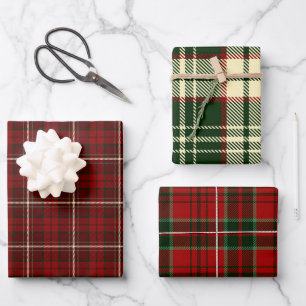 Feuille De Papier Cadeau Motifs carreaux de Noël d'hiver rouge et vert mixt