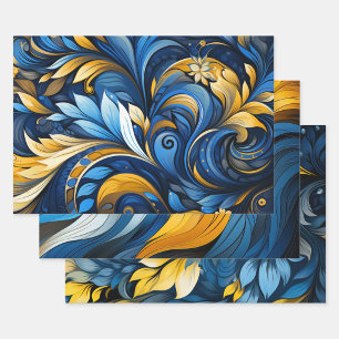 Feuille De Papier Cadeau Motifs d'art bleu et jaune ukrainien 3
