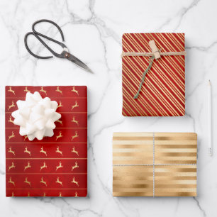 Feuille De Papier Cadeau Motifs de cerfs de Noël rayures rouge or