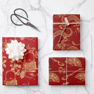 Feuille De Papier Cadeau Motifs de chinoiserie orientaux rouges et dorés