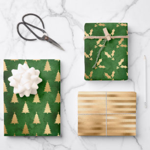 Feuille De Papier Cadeau Motifs de houx de sapin de Noël vert or