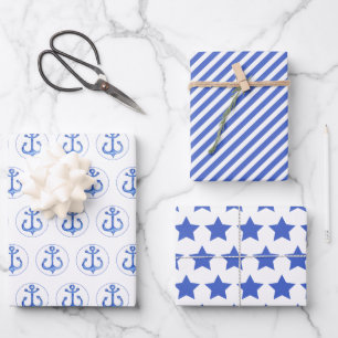 Feuille De Papier Cadeau Motifs de la marine nautique : Ancres, bandes et é