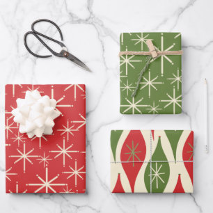Feuille De Papier Cadeau Motifs de Noël des années 1950 en rouge, vert et c