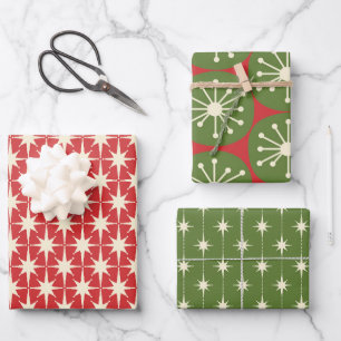 Feuille De Papier Cadeau Motifs de Noël Rétro Moderne du Milieu du Siècle