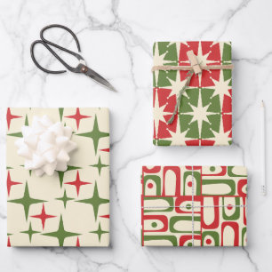 Feuille De Papier Cadeau Motifs de Noël Rétro Moderne du Milieu du Siècle