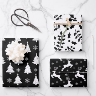 Feuille De Papier Cadeau Motifs de Renne Noir, Sapin de Noël et Houx