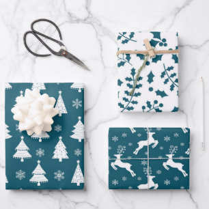 Feuille De Papier Cadeau Motifs de Renne Turquoise, Sapin de Noël et Houx