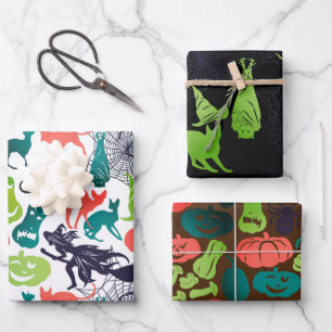 Feuille De Papier Cadeau Motifs d'Halloween mélangé ensemble de 3 amusants 