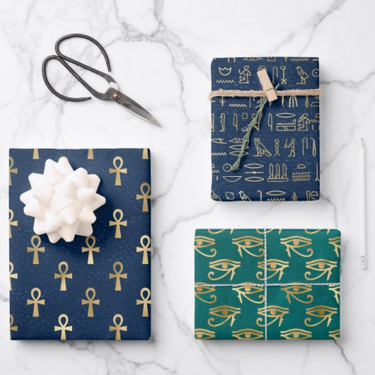 Feuille De Papier Cadeau Motifs d'hiéroglyphe égyptien or (Recto)
