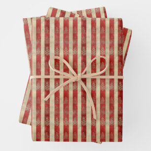 Feuille De Papier Cadeau Motifs en détresse sur rayures rouges et ivoire
