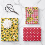 Feuille De Papier Cadeau Motifs floraux à pois en vichy rouge tournesol<br><div class="desc">Feuilles de papier d'emballage tournesol avec des motifs mixtes assortis : un avec beaucoup de tournesols jaunes,  un avec des pois rouges et blancs,  et un avec du vichy rouge avec des grappes de tournesols.</div>