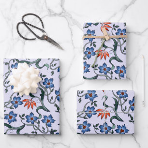 Feuille De Papier Cadeau Motifs floraux bleus vibrants avec des vignes vert