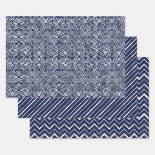 Feuille De Papier Cadeau Motifs géométriques élégants bleu marine et argent