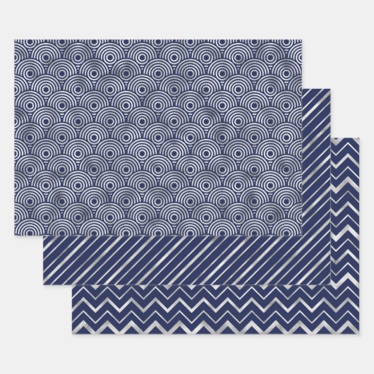 Feuille De Papier Cadeau Motifs géométriques élégants bleu marine et argent (Lot)