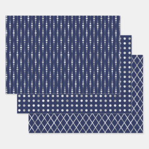 Feuille De Papier Cadeau Motifs géométriques élégants bleu marine et argent
