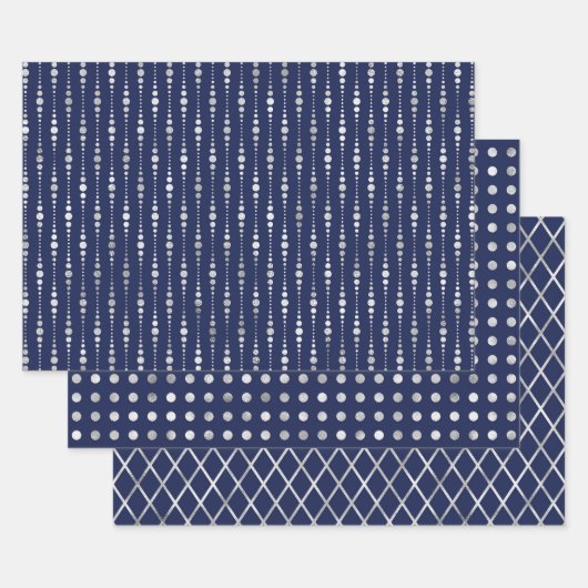 Feuille De Papier Cadeau Motifs géométriques élégants bleu marine et argent (Lot)