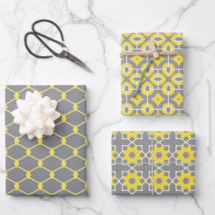 Feuille De Papier Cadeau Motifs géométriques gris et jaune tendance