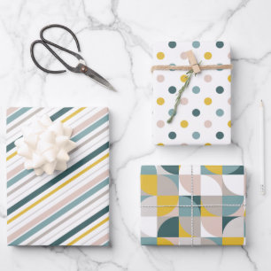 Feuille De Papier Cadeau Motifs RetroMod Aqua Bleu Sarcelle Rose Jaune