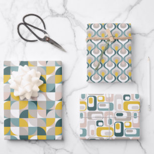 Feuille De Papier Cadeau Motifs RetroMod Aqua Bleu Sarcelle Rose Jaune