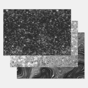 Feuille De Papier Cadeau Motifs scintillants noirs et argentés glamour