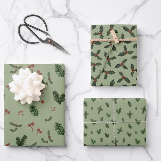 Feuille De Papier Cadeau motifs verts de Noël (Recto)