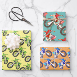 Feuille De Papier Cadeau Moto rétro amusant Vert, Rouge, Blue Dirt Vélos