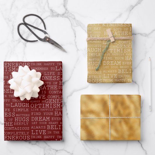 Feuille De Papier Cadeau Mots d'inspiration rouge or blanc (Recto)