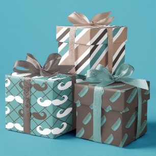 Feuille De Papier Cadeau Moustache Brown et Turquoise et comb du père de 3
