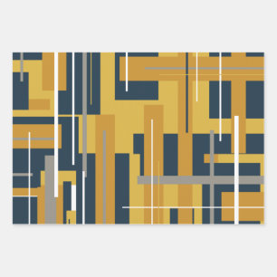 Feuille De Papier Cadeau Moutarde et marine Motifs rétro modernes du milie
