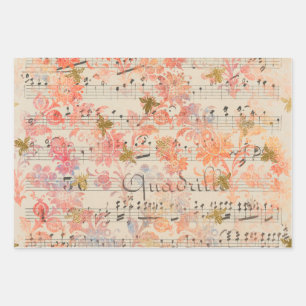 Feuille De Papier Cadeau Musique Vintage à fleurs roses Honey Bee