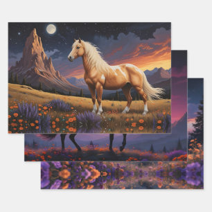 Feuille De Papier Cadeau Mustangs sauvages Ciel nocturne coloré fleur sauva