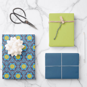 Feuille De Papier Cadeau MVB Motif bleu rétro avec design Fleur Jaune
