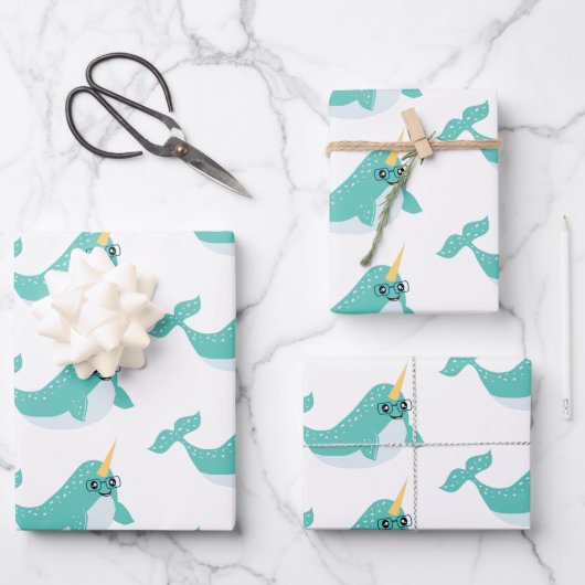 Feuille De Papier Cadeau Narwhals cool avec Motif de lunettes (Recto)