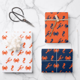 Feuille De Papier Cadeau Nautique Sea Animaux motifs homard crabe hippocamp