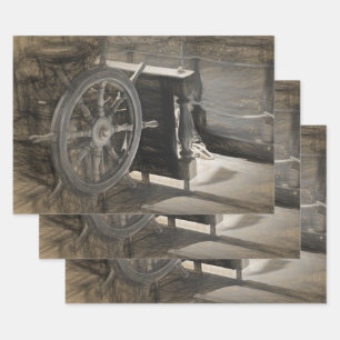 Feuille De Papier Cadeau Navire de marine Vintage de l'océan marin Sepia Ar