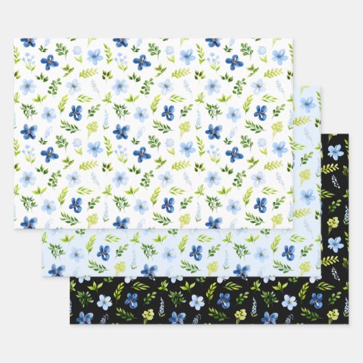 Feuille De Papier Cadeau Navy and Baby Blue Flowers with Foliage Pattern (Lot)