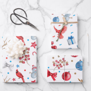 FEUILLE DE PAPIER CADEAU NEIGE, CARDINAUX ROUGES, ORNAMENTS DE NOËL, BOIS