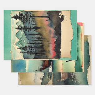 Feuille De Papier Cadeau Néphémère de peinture paysagère traditionnelle jap