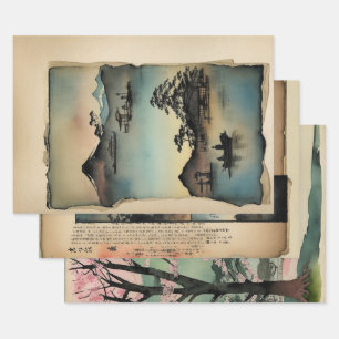 Feuille De Papier Cadeau Néphémère de peinture paysagère traditionnelle jap