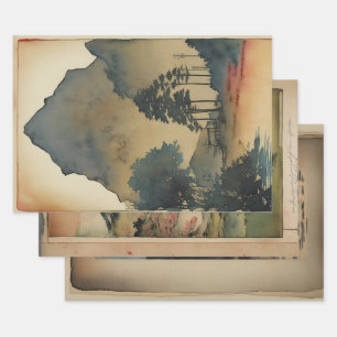 Feuille De Papier Cadeau Néphémère de peinture paysagère traditionnelle jap