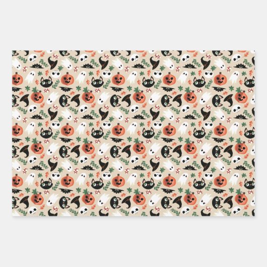 Feuille De Papier Cadeau Neutral Cats & Pumpkins Mixed Halloween Patterns (Devant)