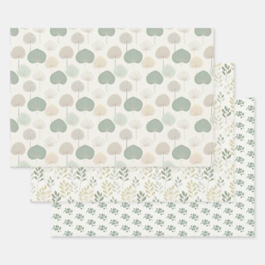 Feuille De Papier Cadeau Neutral plante vert beige gris (Lot)