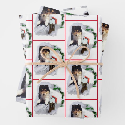 Feuille De Papier Cadeau Noël à Collie Puppy (En situation)