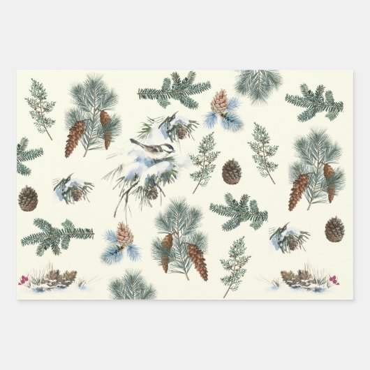 Feuille De Papier Cadeau Noël À feuillage persistant Branches Pinecone Bird (Devant 2)